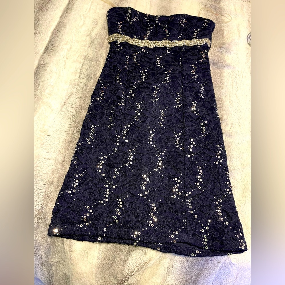 Navy blue silver sequined halter dress